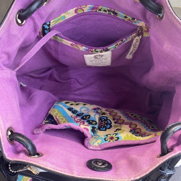 Spartina 449 Floral Multicolor‎ Linen Fabric with Black Leather Trim Tote Bag - Picture 6 of 13